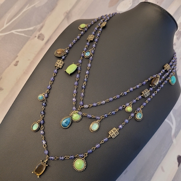 S10 Boho Layered Brass-tone Purple Crystal Necklace W/Various Faux Gem Pendants - Picture 1 of 15